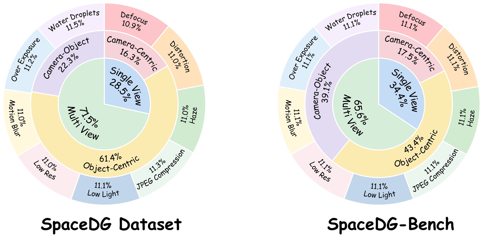 SpaceDG-Bench taxonomy and degradation distribution
